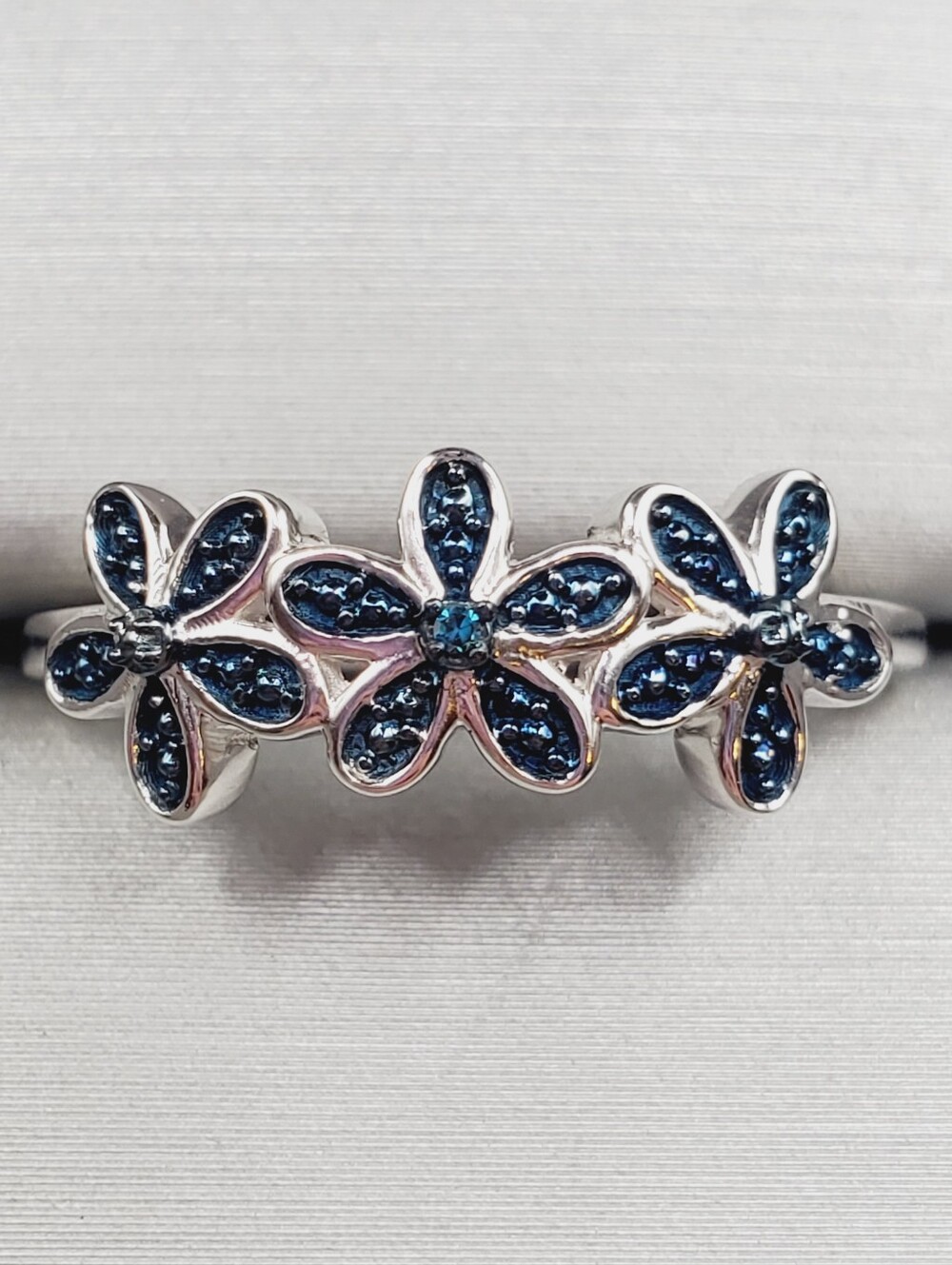 Genuine Blue Diamond Accent Floral Trio Ring - Women's 925 Silver Flower Ring